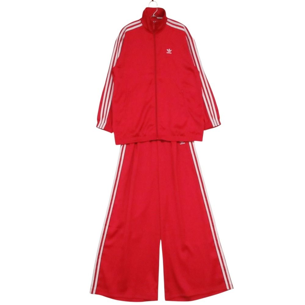美品 adidas アディダス セットアップ ルーズサテン トラックジャケット ワイド トラックパンツ トレフォイル ロゴ レッド 160 【中古】