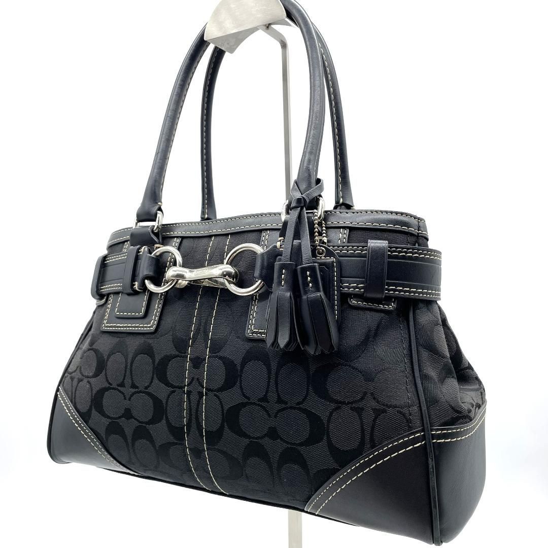 COACH コーチ シグネチャー トートバッグ ジャッキー ワンショルダーバッグ ブラック キャンバス レザー Y2K 肩掛け シルバー金具 タッセル チャーム ハンドバッグ archive vintage
