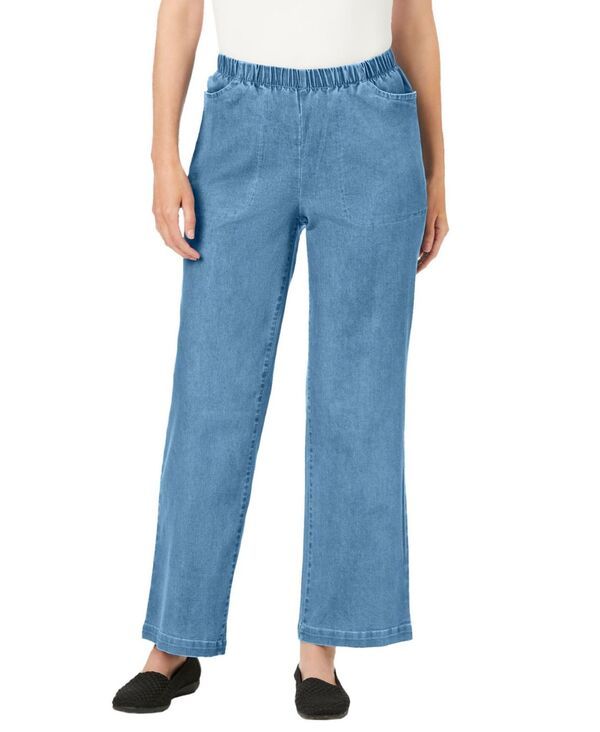 ウーマン ウィズイン レディース ボトムス デニムパンツ プチ デニム ジーンズ Woman Within Petite Within Fineline Stretch Denim WideLeg PullOn Jeans Light stonewash デニ