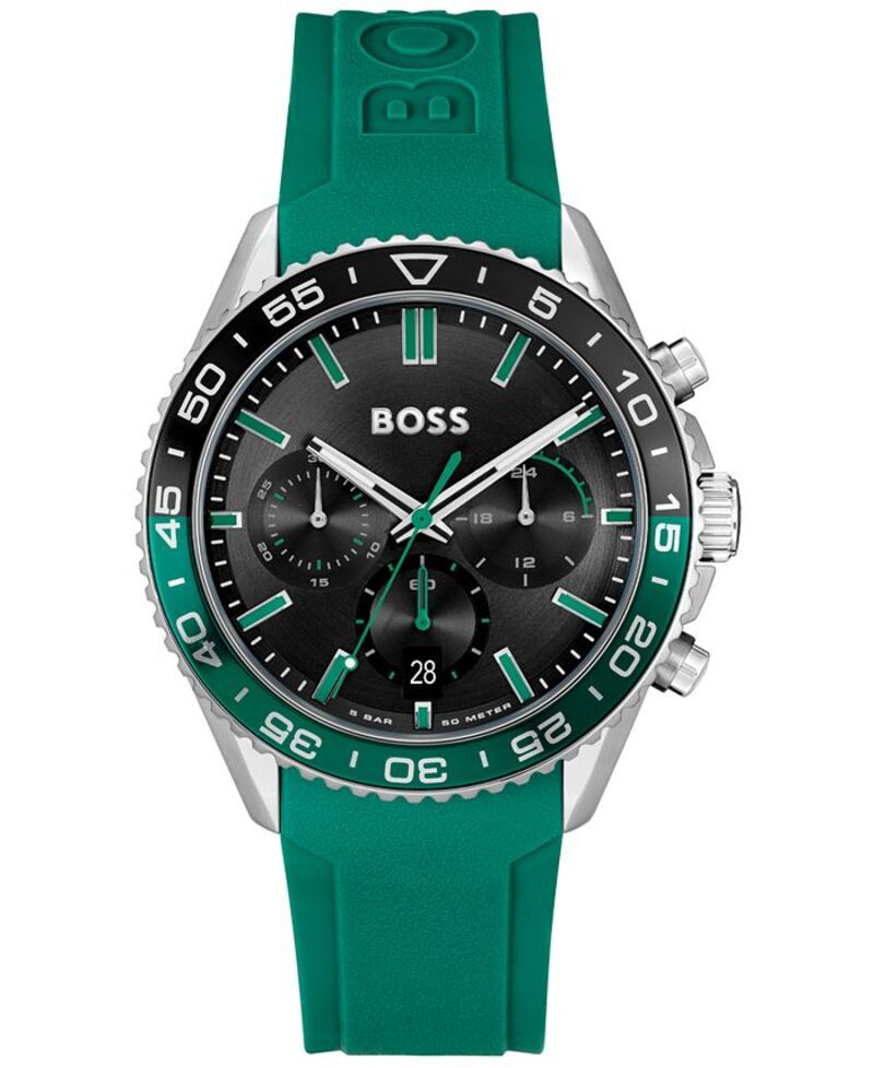 ヒューゴボス メンズ アクセサリー 腕時計 Hugo Boss Mens Runner Quartz Chronograph Green Silicone Watch 44mm Green グリーン