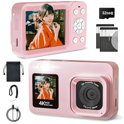 デジタルカメラ 4K 6400万画素 30FPS デジカメ【IPS デュアルスクリーン】UNEEDIT コンデジ 32GBカード付き 18Xデジタルズーム 手ぶれ補正 軽量 コンパクト カメラ 4k 2.8インチ バッテリー2枚 type-c b064a9b4