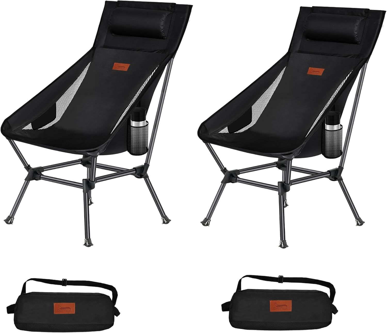 DesertFox アウトドアチェア 2WAY キャンプ椅子 ローチェア 軽量 枕付き ハイバック 単品/セット【独自開発のカップホルダー】 耐荷重150kg コンパクト イス ロータイプ 収納袋付属 携帯便利 STG0098 (2, ブラッ b34c0156