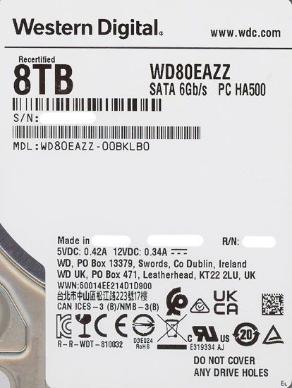 [bn:13] Western Digital HDD　WD80EAZZ　8TB SATA600 5640　7000～8000時間以内