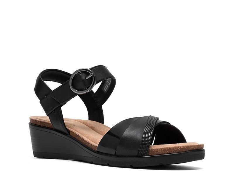クラークス レディース シューズ サンダル Clarks Kacha Twist Wedge Sandal Black Leather ブラック