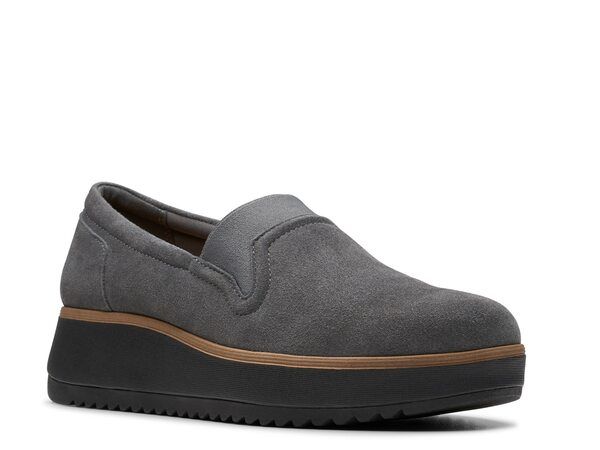 クラークス レディース シューズ スリッポン・ローファー Clarks Zylah Sky Wedge SlipOn Dark Grey Leather グレー