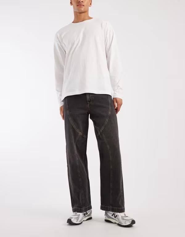 ジャック アンド ジョーンズ メンズ ボトムス デニムパンツ ワイドレッグ ジーンズ Jack Jones Intelligence Dave wide leg jeans with seam detail in wash Black Denim ブラック