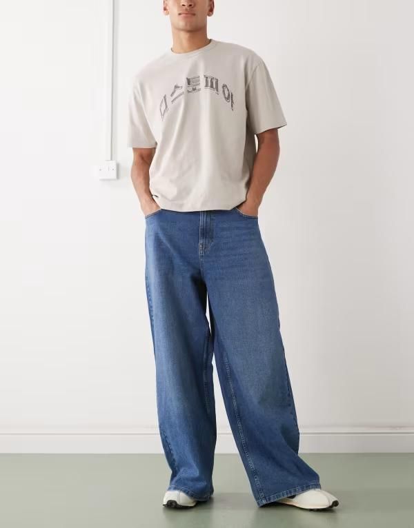 コルージョン メンズ ボトムス デニムパンツ ワイドレッグ ジーンズ COLLUSION Riley wide leg jeans in mid MID BLUE ブルー