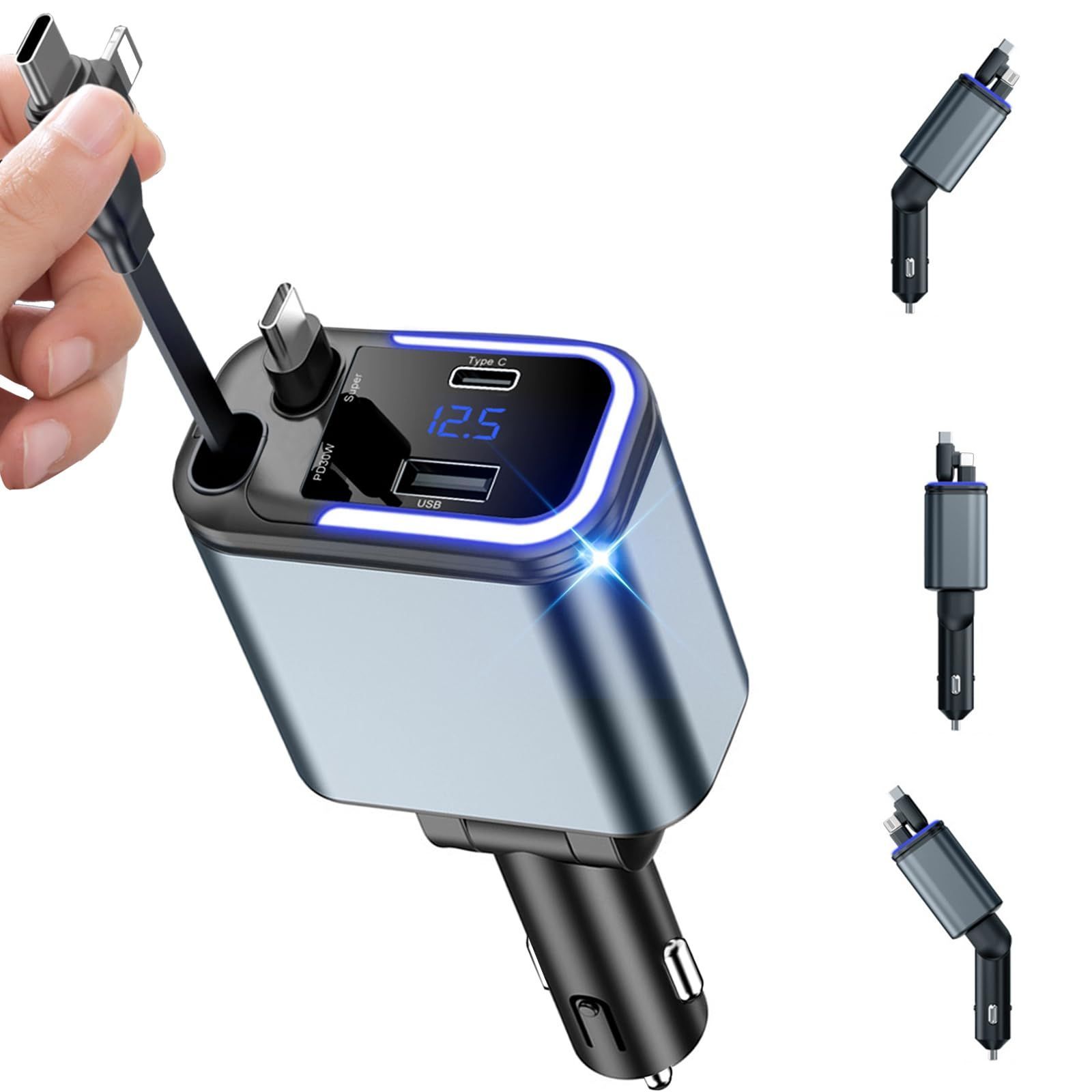 【数量限定】車 充電器 巻き取り式充電ケーブル 4台同時充電可能 車載充電器 カーチャージャー シガーソケット 急速充電 LED表示電圧 i-Phone 17 Pro Max 16 15 ZRZK 13 Samsung Xiaomi i-Pad Switch2