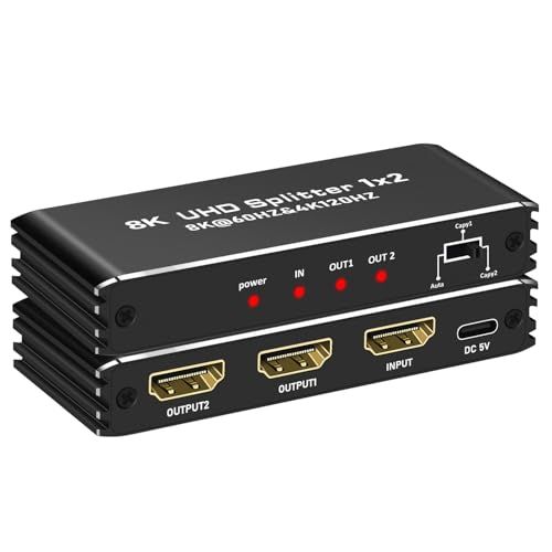 HDMI2.1分配器 1入力2出力 8K@60Hz HDMIスプリッター 2画面同時出力 3D/HDR映像出力HDM I 2.1 HDCP 2.3 EDID設定 48 Gbps Dolby Atmos 7.1ch HDTV/STB/DVD/PC/b0x/ Pp