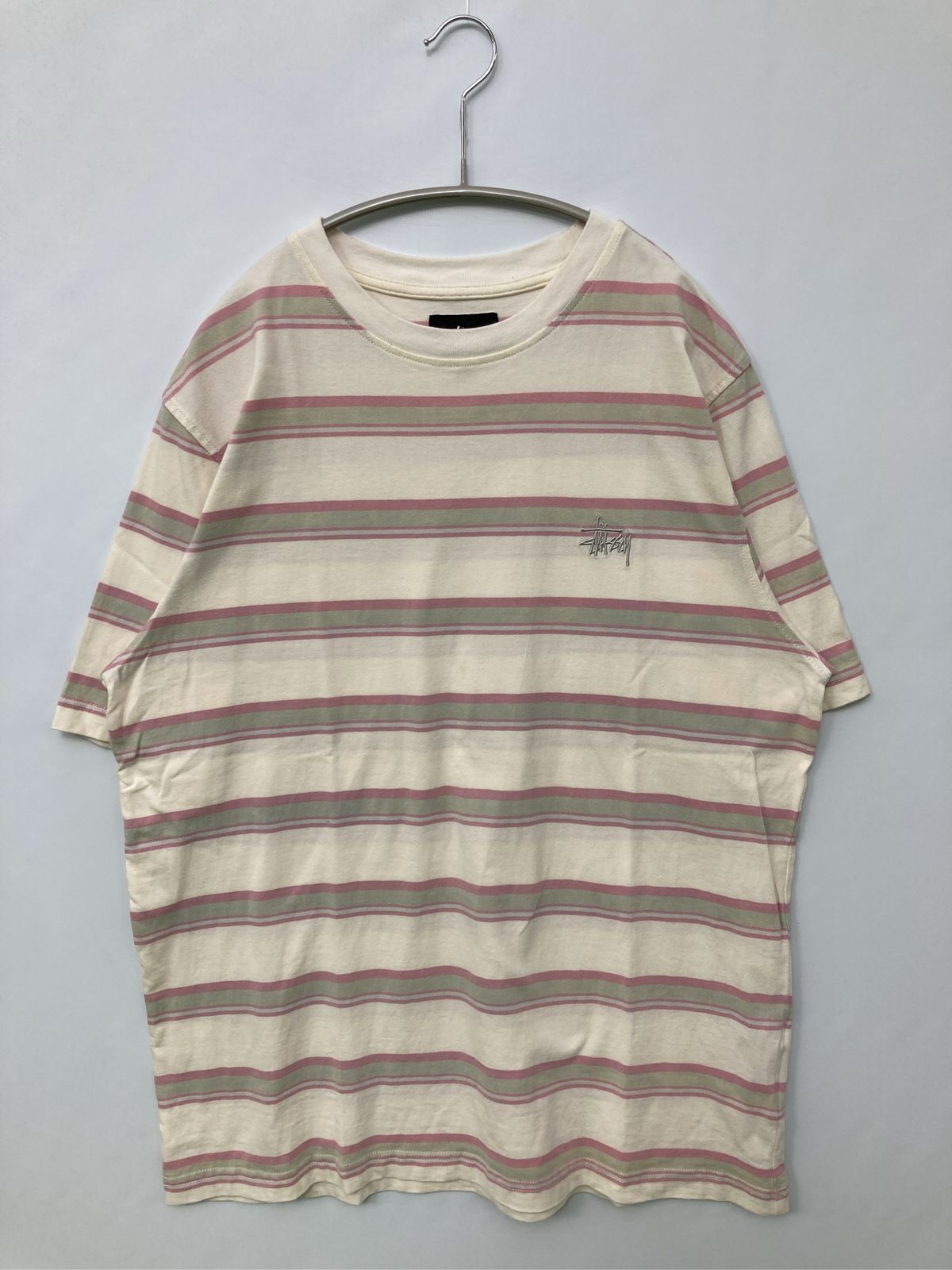 stussy ステューシー Tシャツ/カットソー S アイボリー ボーダー柄 ワンポイント ブランドロゴ ミドル丈 半袖 クルーネック(丸首) メンズ