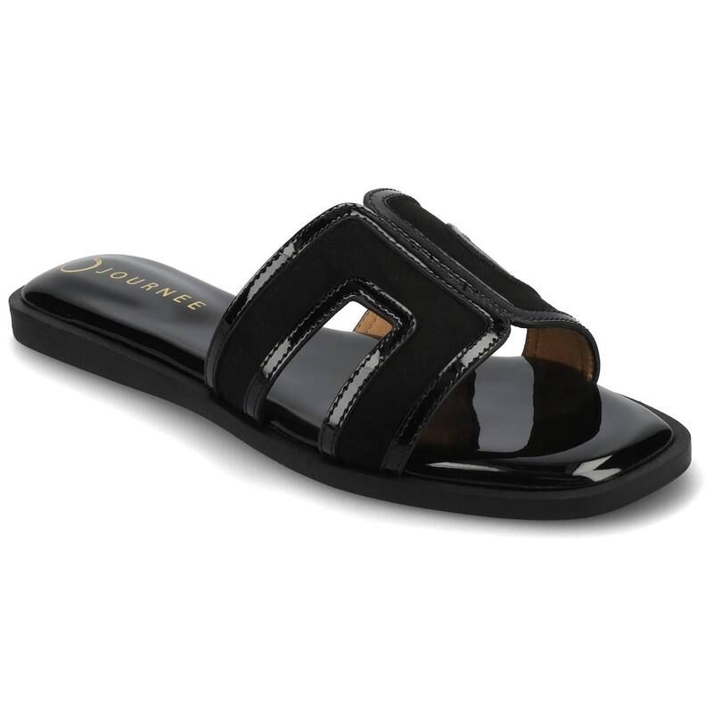 ジャーニー レディース シューズ サンダル Journee Primah Band SlipOn Womens Flat Sandals Patent Black ブラック