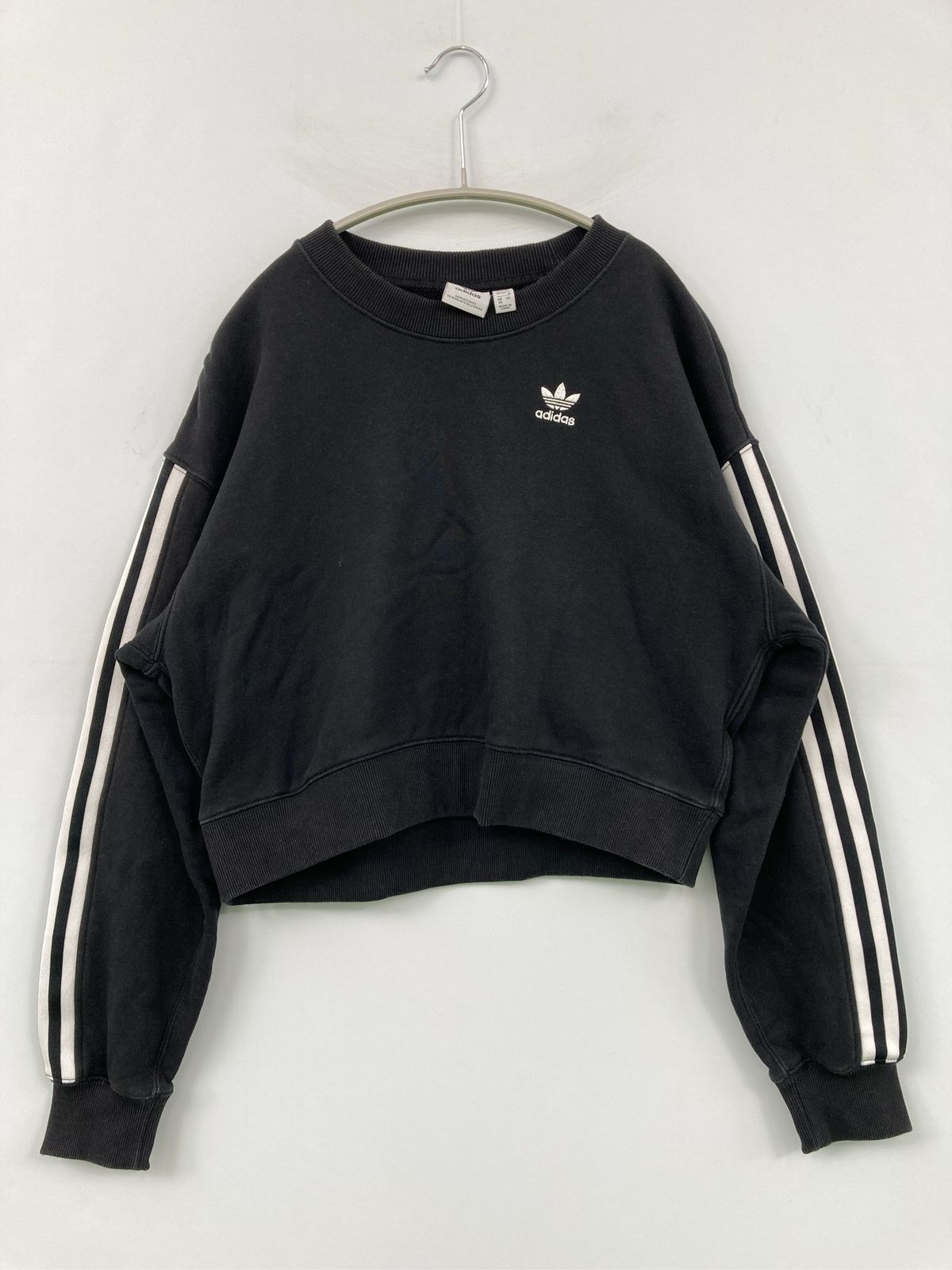 adidas アディダス スウェット M ブラック コットン スウェット ワンポイント ブランドロゴ ライン柄 長袖 レディース
