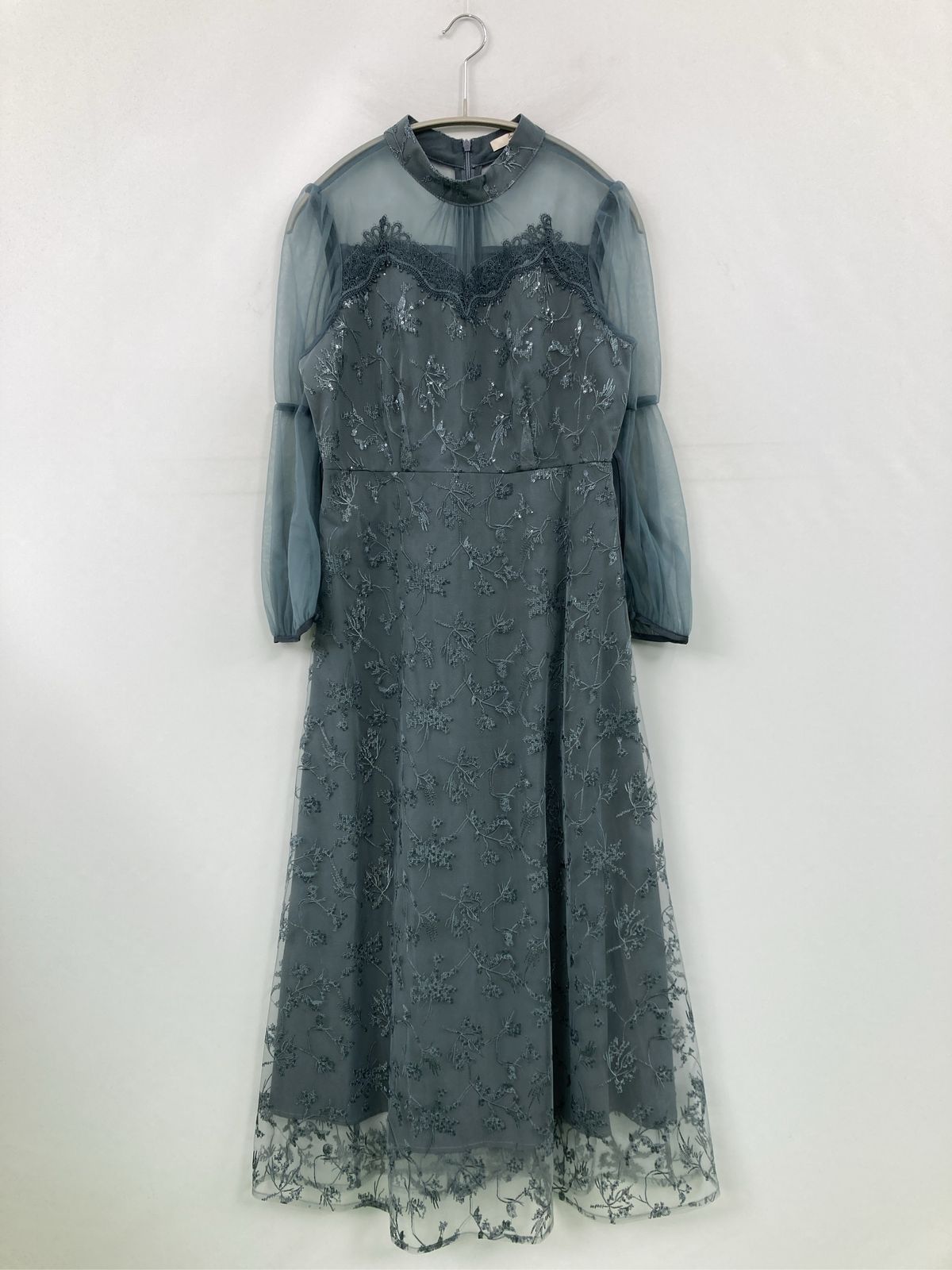 Leja レジャ ドレス S ブルー フレア 長袖 花柄・ボタニカル柄 レース