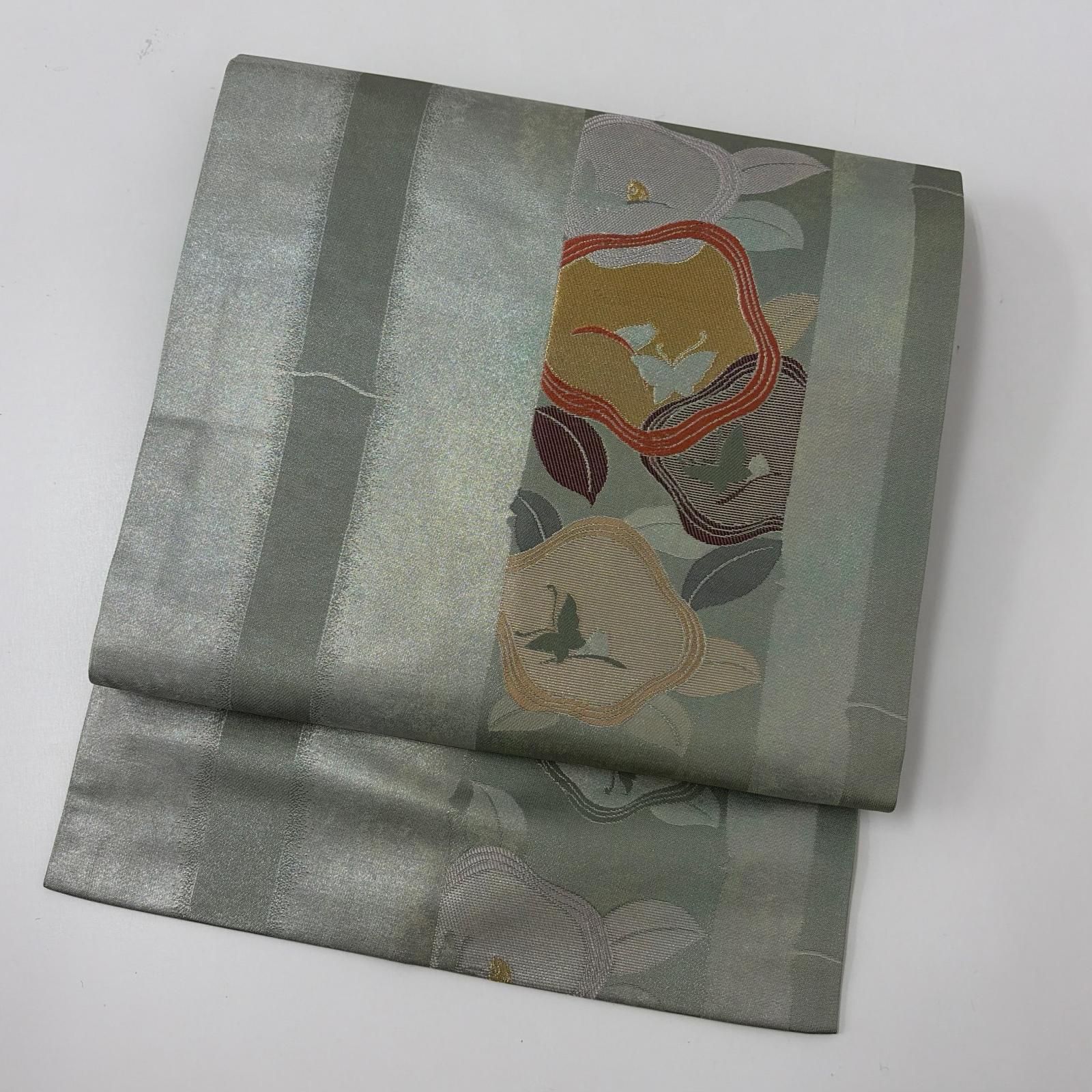 名古屋帯 竹に上品な花 引箔 九寸 正絹 MA-7242