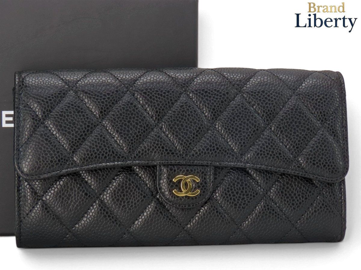 【未使用】シャネル CHANEL マトラッセ ココマーク クラシック ロング フラップウォレット キャビアスキン 二つ折り長財布 ブラック ゴールド金具 グレインドカーフスキン AP0241 A80758