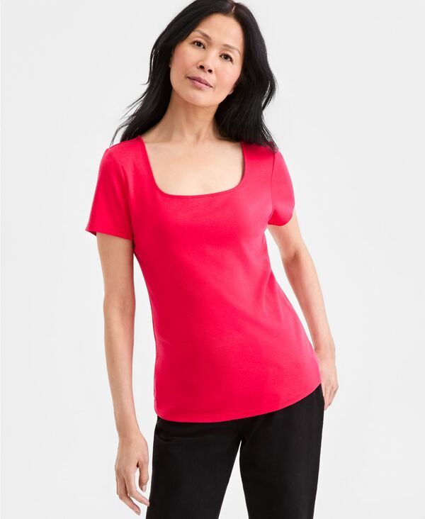 スタイルアンドコー レディース トップス シャツ 半袖 コットン Style Co Womens Cotton SquareNeck ShortSleeve TShirt Fresh Lipstick