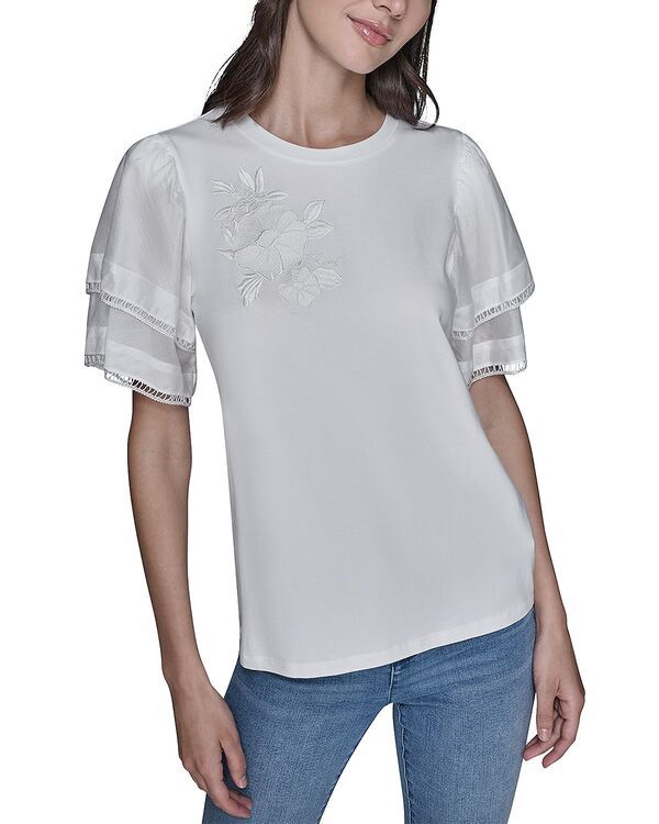 カール ラガーフェルド レディース トップス シャツ フラワー柄 ニット フラワー KARLAGERFELD PARIS Floral Knit Flutter Sleeve Top Soft White ホワイト