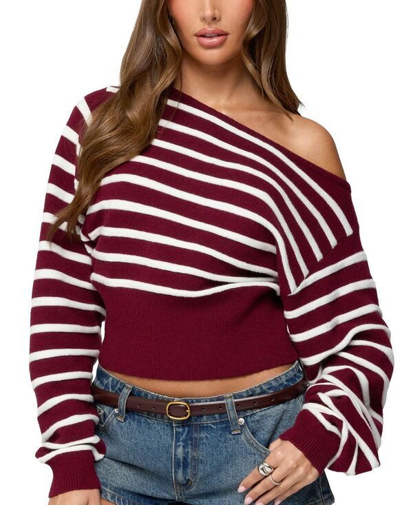 アディクテッド レディース アウター ニット・セーター Edikted Mika Off Shoulder Oversized Sweater Burgundy バーガンディ