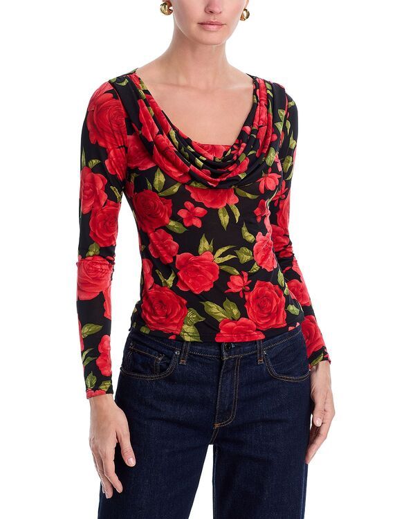アクア レディース トップス シャツ ジャージー AQUA Rose Jersey Scoop Neck Top Exclusive RedBlack ブラック