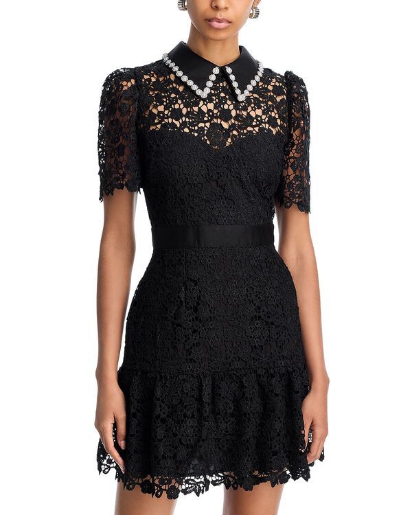 アクア レディース トップス ワンピース ミニ レース AQUA Pearl Trim Short Sleeve Lace Mini Dress Exclusive Black ブラック