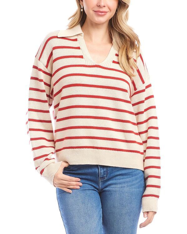 カレンケーン レディース アウター ニット・セーター ポロシャツ Karen Kane Stripe Polo Sweater Ecru Tomato エクリュ