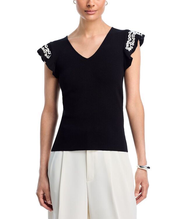 ティー・タハリ レディース アウター ニット・セーター Vネック Tahari V Neck Flutter Sleeve Sweater Black ブラック