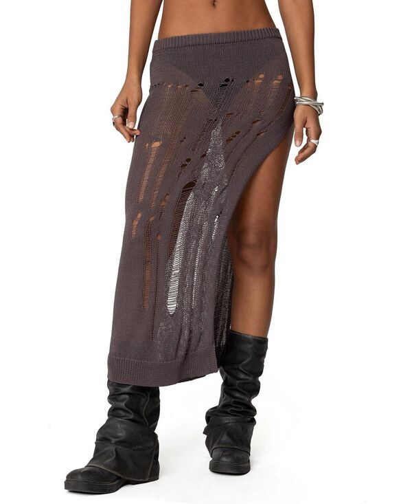 アディクテッド レディース ボトムスカート ニット マキシ Edikted Jaynie Distressed Knit Maxi Skirt Brown ブラウン