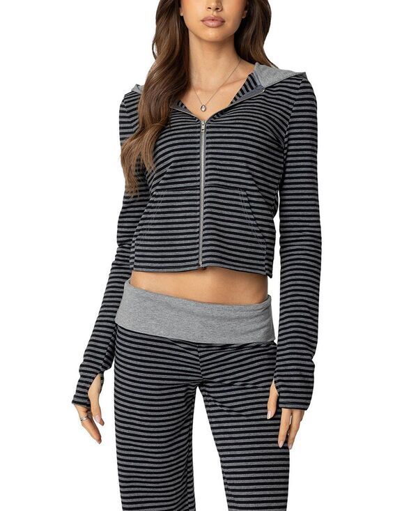 アディクテッド レディース アウター パーカー・スウェット Edikted Meggy Striped Zip Up Hoodie BlackandGray ブラック