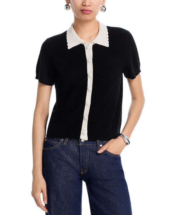 アクア レディース アウター カーディガン カラーブロック AQUA 100 Cashmere Short Sleeve Colorblock Cardigan Exclusive BlackIvory アイボリー