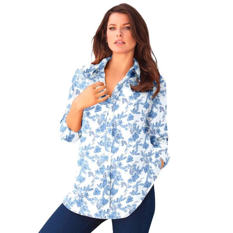 ロアマンズ レディース トップス シャツ プラスサイズ コットン Roamans Womens Plusize Kate Long Sleeveasy CottonBlend ButtonFront Shirt White Outline Flowers ホワ