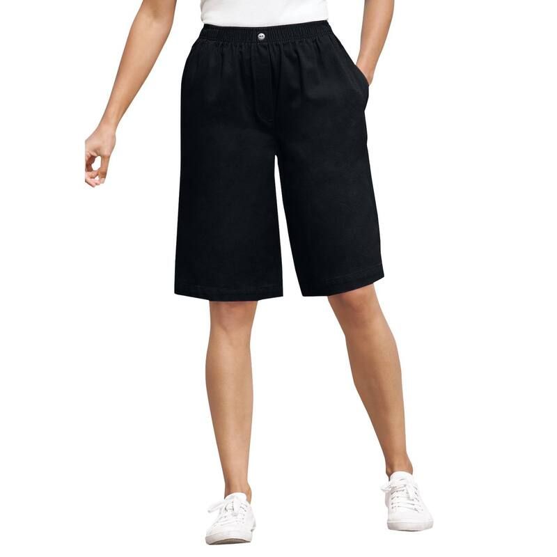 ウーマン ウィズイン レディース ボトムス ハーフパンツ・ショーツ プラスサイズ ショートパンツ コットン デニム Woman Within Plusize 7Day ElasticWaist PullOn Cotton Denim Shorts Black