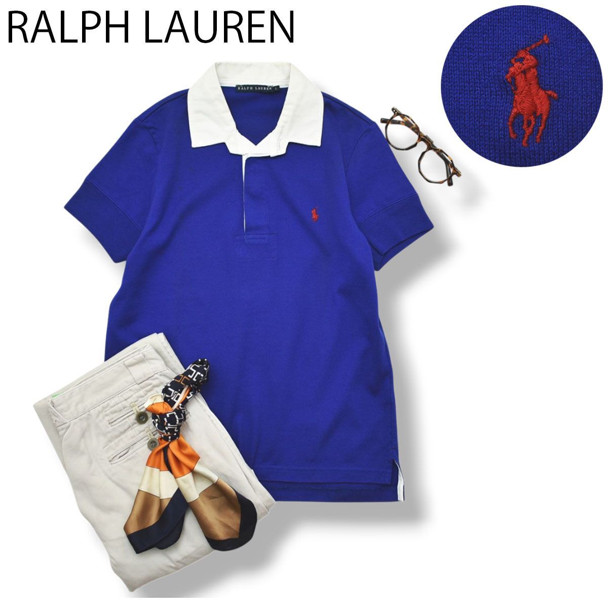 ラルフローレン RALPH LAUREN 半袖 ラガーシャツ リブ入り ポニー ロゴ 刺繍 サイドスリット L ブルー アメリカン カジュアル トラッド シティルック ガーリー レディース ♪