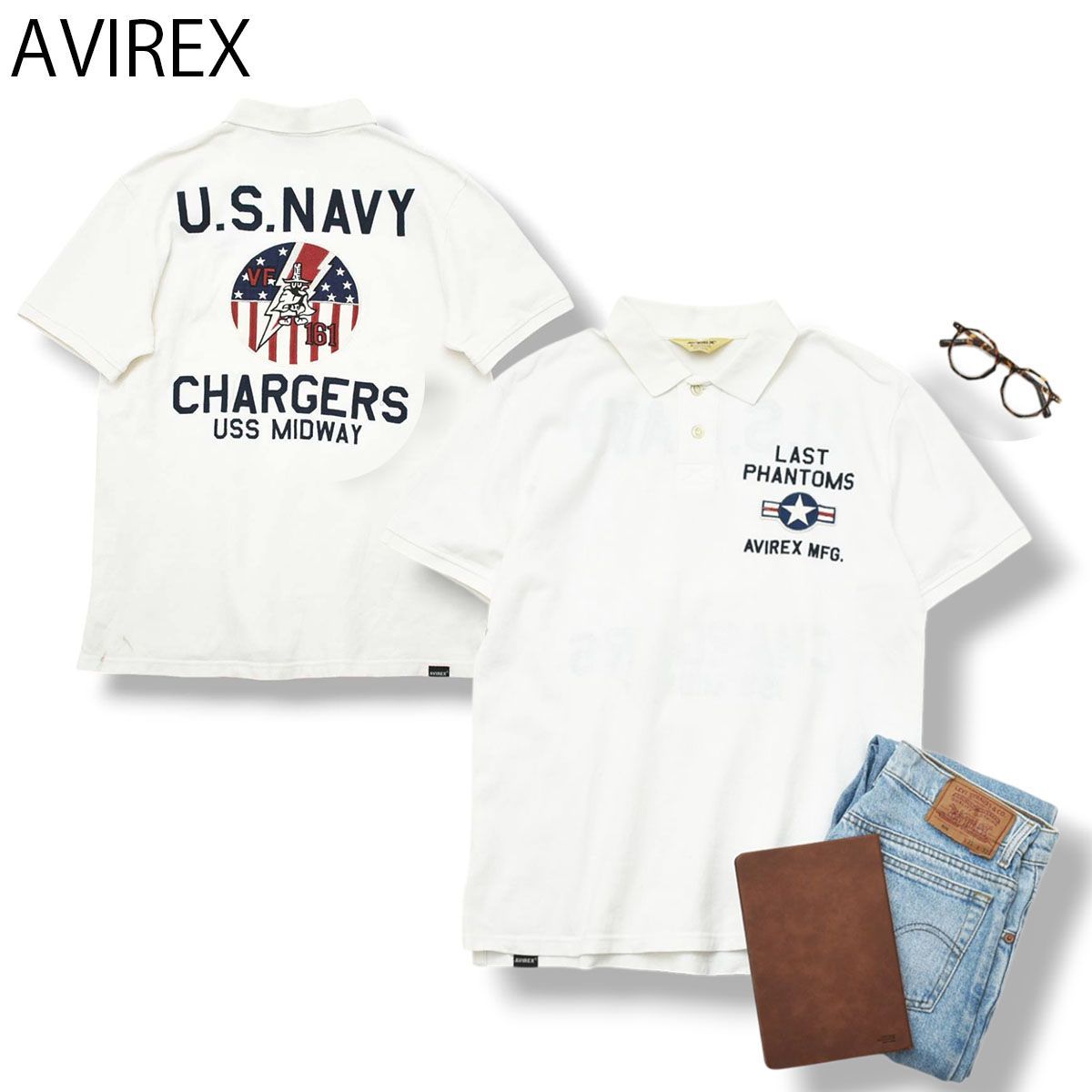 アヴィレックス AVIREX 鹿の子 ポロシャツ チャージャース ＣＡＲＧＥＲＳ US ＮＡＶＹ ＶＦ－１６１ L ホワイト メンズ アメカジ ストリート カジュアル 夏
