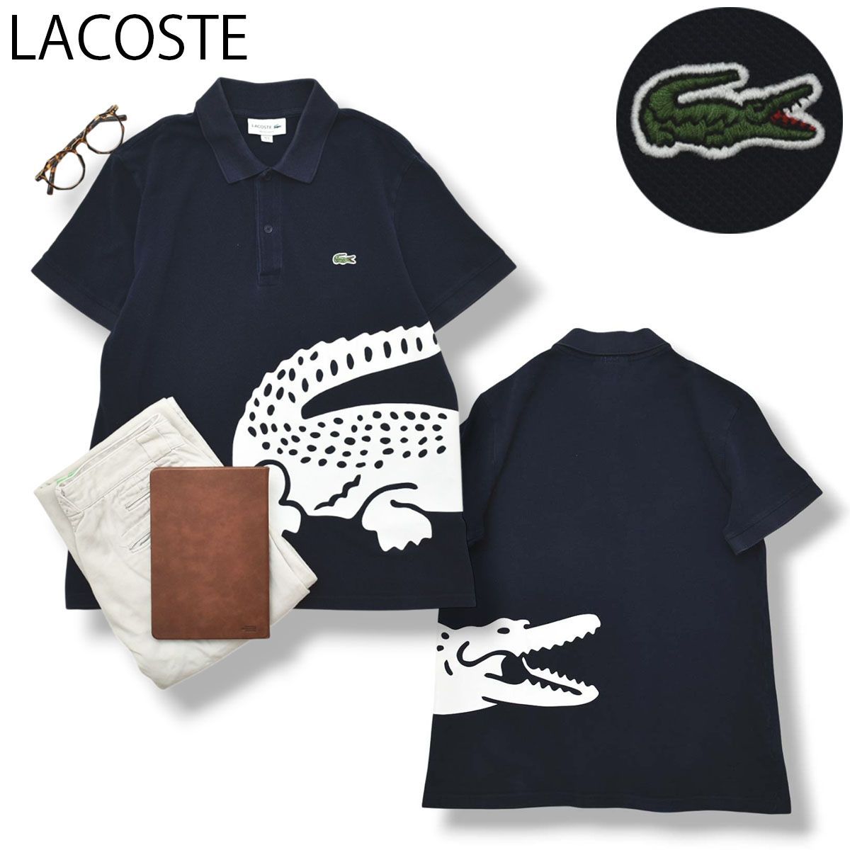 【ワニロゴ】 ラコステ LACOSTE 半袖 鹿の子 レギュラーフィット メガワニ ポロシャツ PH284EL FR 4 ネイビー メンズ 男性用 フレンチ トラッド ゴルフ ビジネス カジ