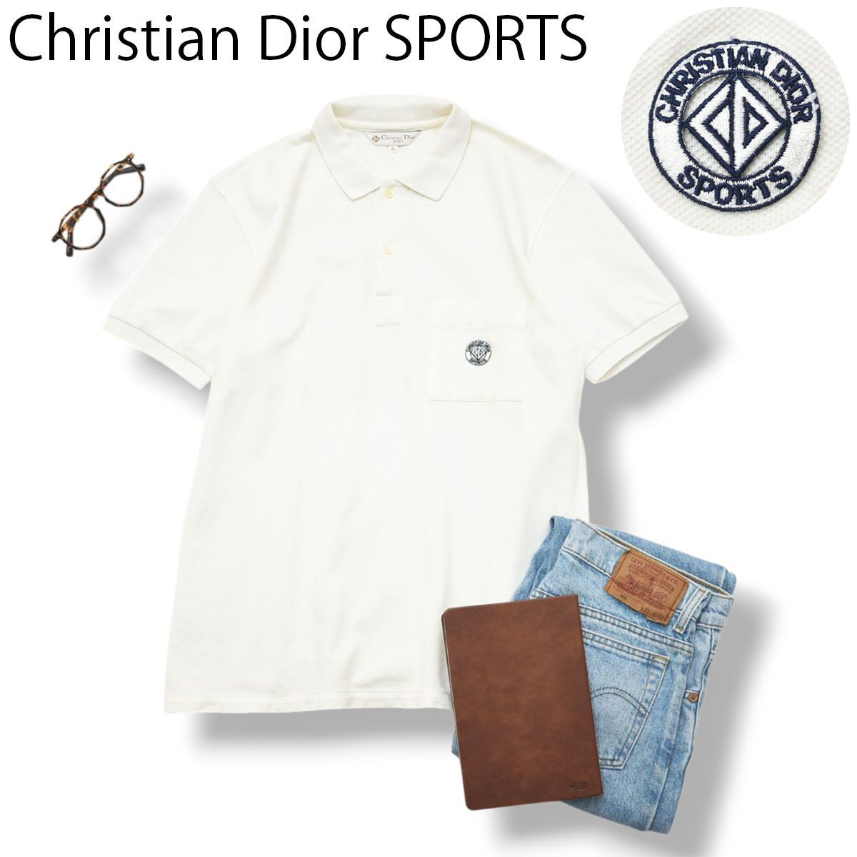 90sヴィンテージ クリスチャンディオール Christian Dior SPORTS IB5024 半袖 鹿の子 ワンポイント ワッペンロゴ 胸ポケット付き ポロシャツ L ホワイト メンズ