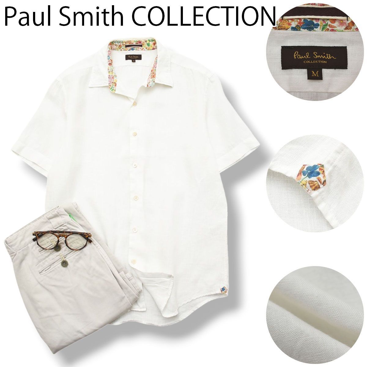 日本製 ポールスミス コレクション Paul Smith COLLECTION 麻100％ 半袖 リネン シャツ ラウンドヘム M ホワイト x 花柄 切替 ブリティッシュ シティールック メンズ