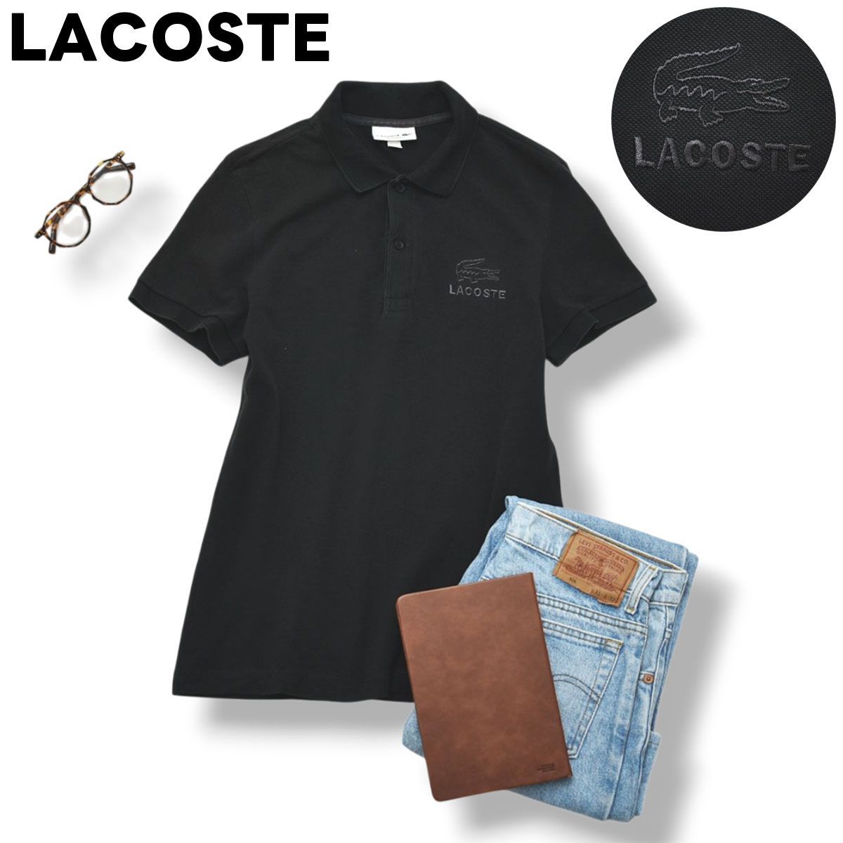 【定番】 ラコステ LACOSTE レギュラーフィット 鹿の子 半袖 ポロシャツ S ブラック フレンチ カジュアル ゴルフ メンズ 男性用