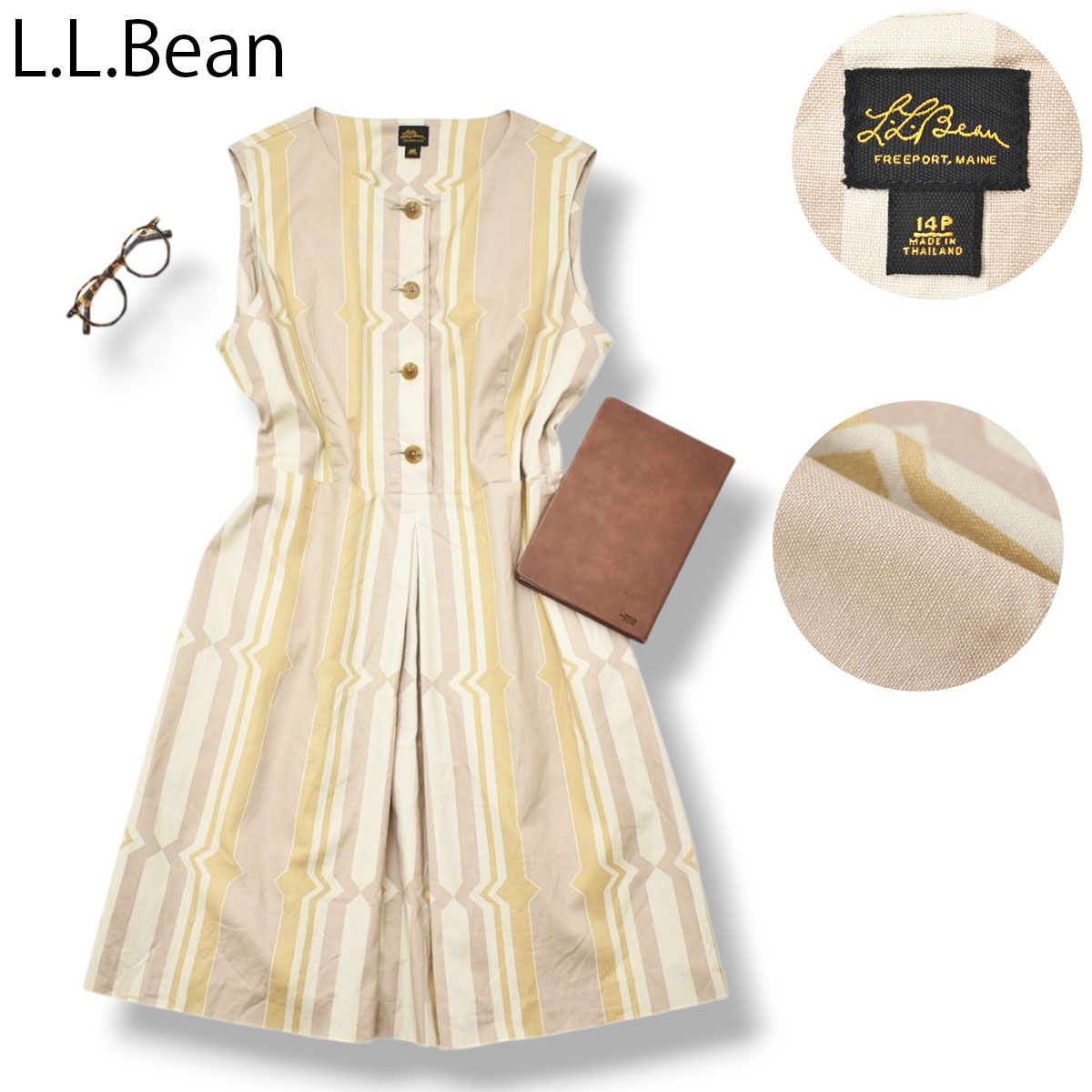 【ストレッチ】 エルエルビーン L.L.Bean ノースリーブ ゆったり Iライン 膝丈 コットン リネン ワンピース 14P 総柄 ベージュ×イエロー×オフホワイト レディース ♪