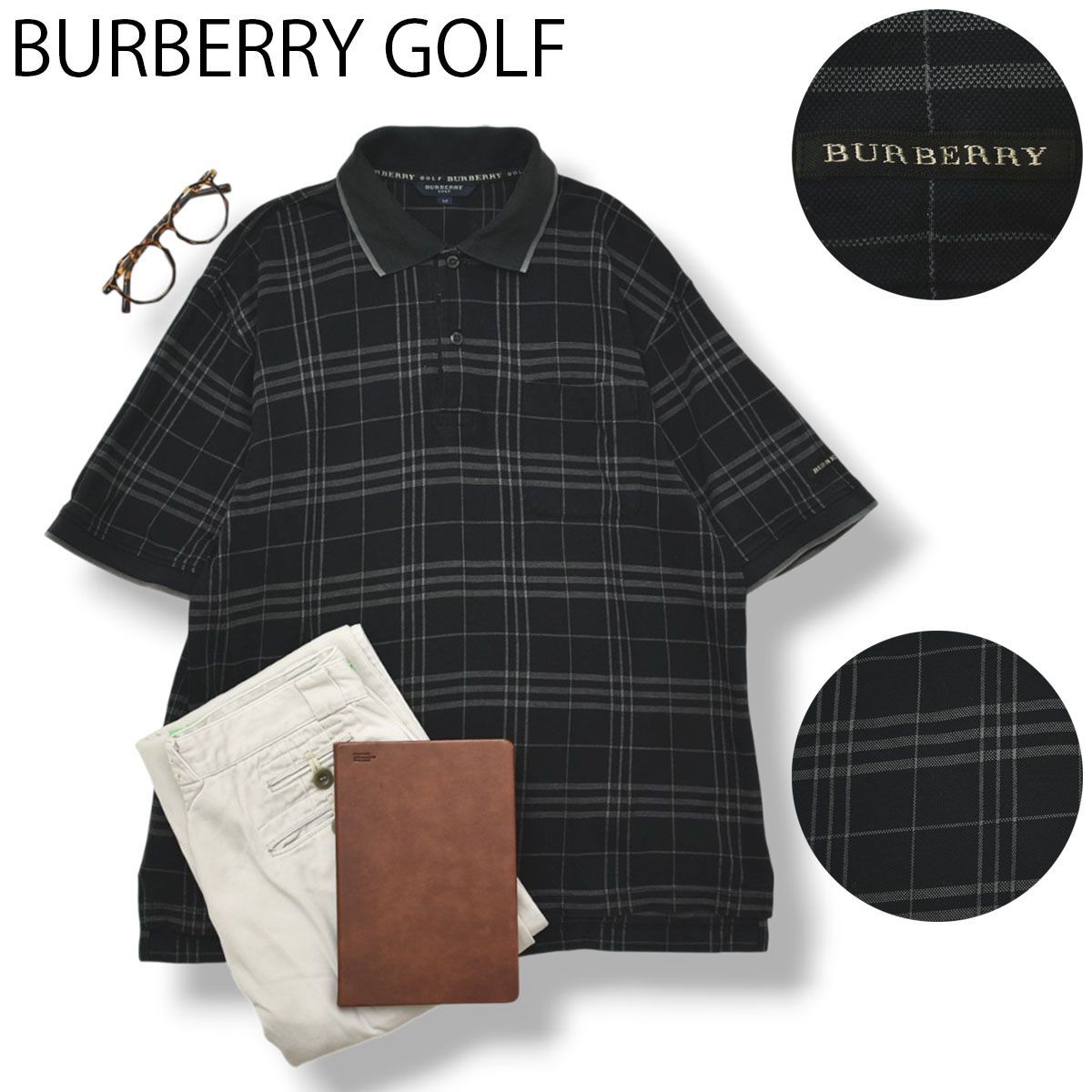 【定番】 バーバリーゴルフ BURBERRY GOLF 半袖 ポロシャツ M チェック柄 ブラック x グレー メンズ 男性用 ブリティッシュ トラッド カジュアル ビジネス