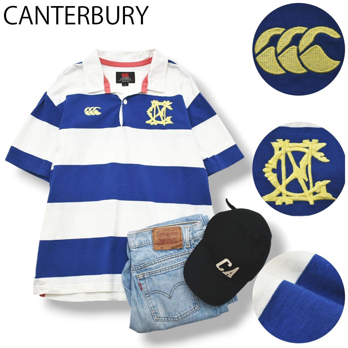 カンタベリー CANTERBURY 半袖 ボーダー ラガーシャツ ラグビーシャツ ポロシャツ カットソー M 白 x 青 x 黄色 刺繍 スポーツミックス アメカジ カジュアル メンズ
