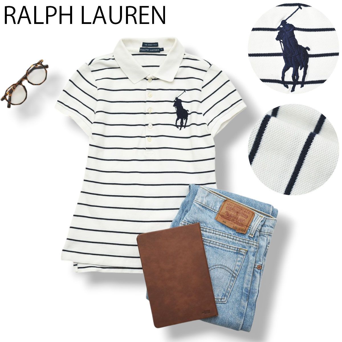【ビッグポニー】 ラルフローレン RALPH LAUREN 半袖 ポロシャツ S ボーダー柄 ホワイト 白 x ネイビー 紺 レディース トラッド スポーツミックス ♪
