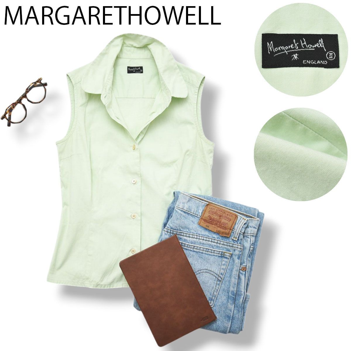 90sヴィンテージ 日本製 マーガレットハウエル MARGARETHOWELL ノースリーブ シャツ ブラウス 2 ミントグリーン レディース 女性用 ブリティッシュ トラッド 夏 ♪