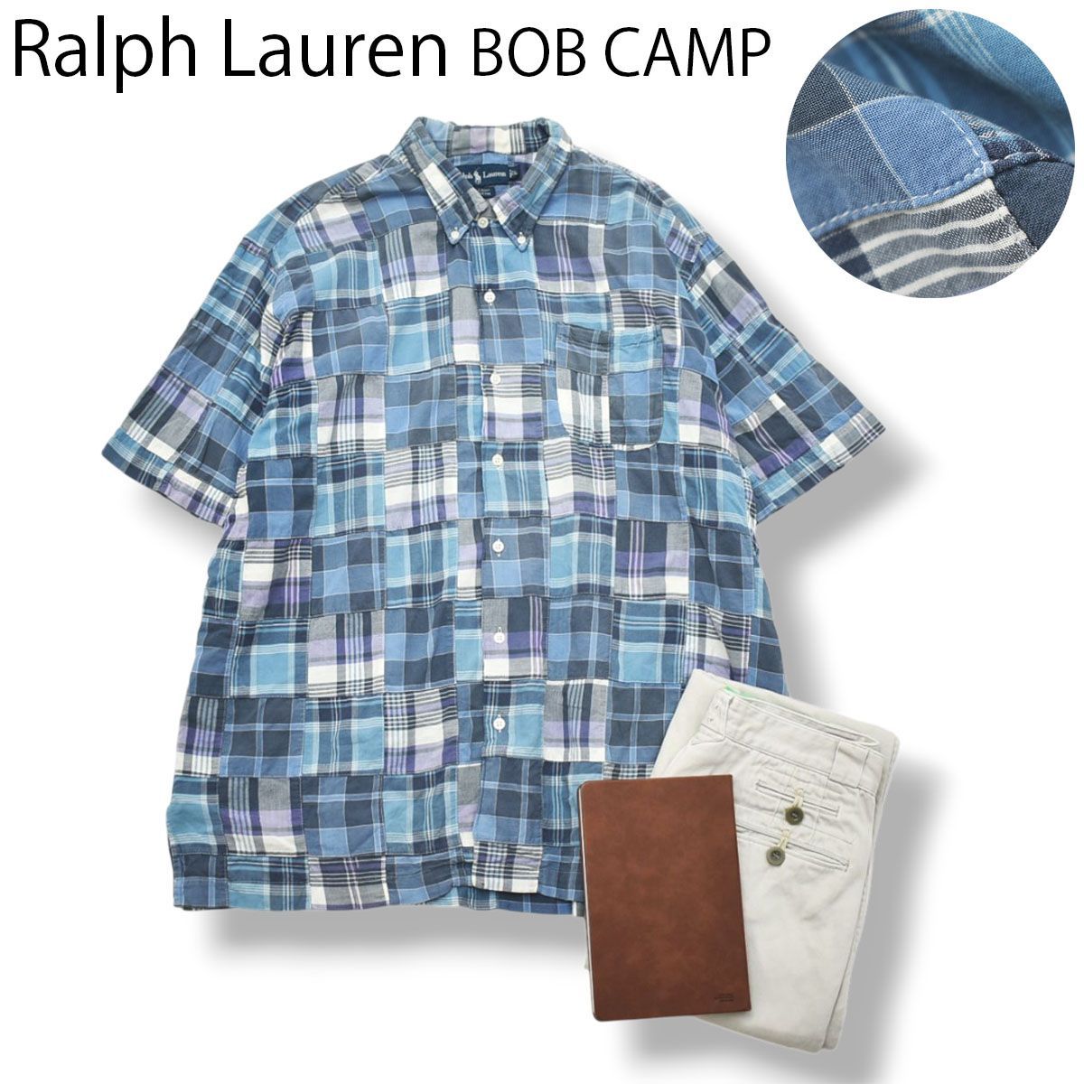 ラルフローレン Ralph Lauren BOB CAMP ボタンダウン パッチワーク クレイジーパターン ボタンダウン BD シャツ L ブルー系 メンズ アメカジ ストリート カジュアル