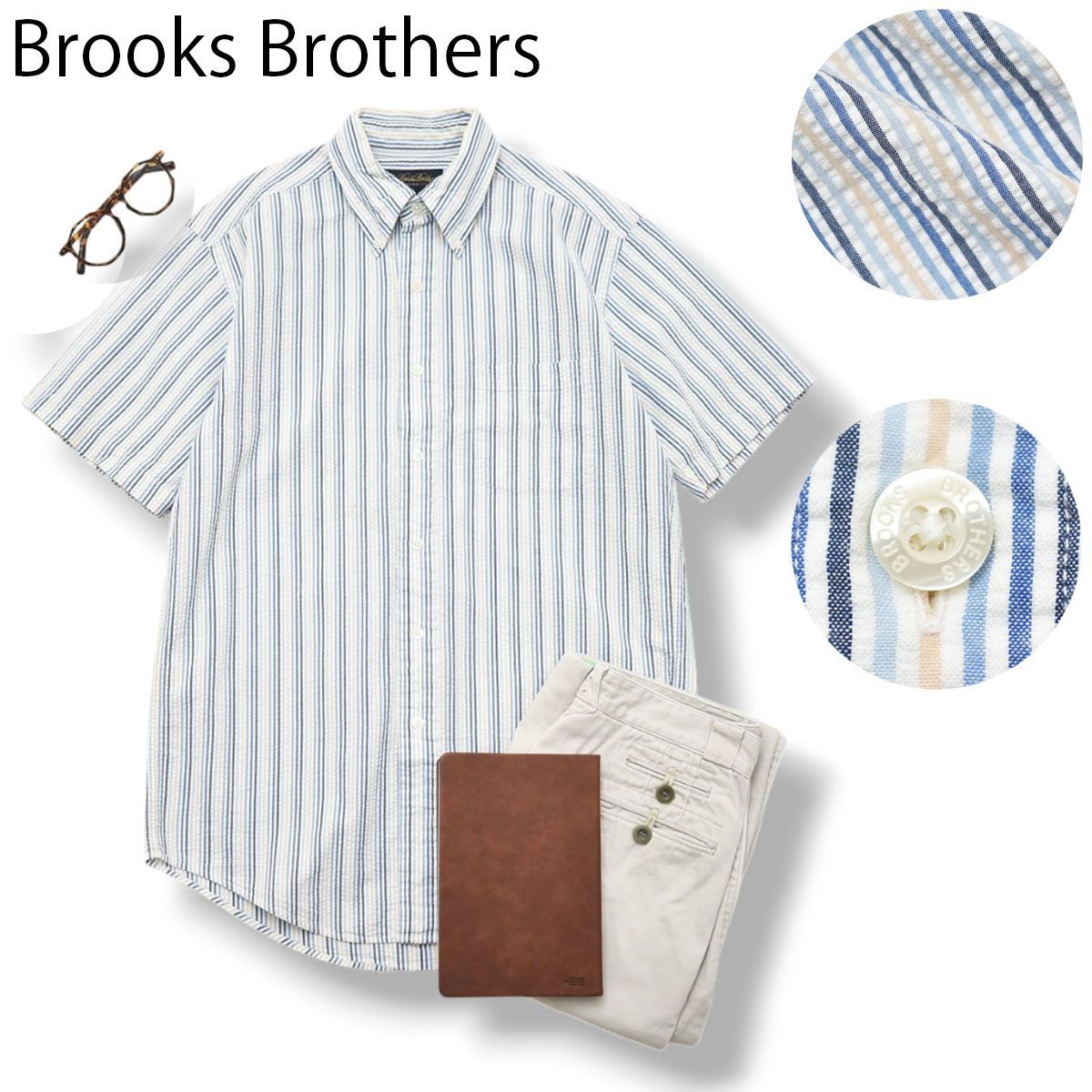 ブルックスブラザーズ Brooks Brothers 半袖 シアサッカー シャツ ボタンダウン ラウンドヘム シングルポケット S ストライプ柄 ブルー x ベージュ シティールック メンズ
