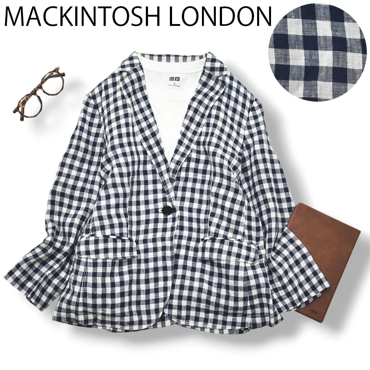 マッキントッシュ ロンドン MACKINTOSH LONDON シングル 1B リネン ギンガムチェック柄 テーラードジャケット ブレザー 3L 紺 x 白 レディース トラッド 普段使い ♪