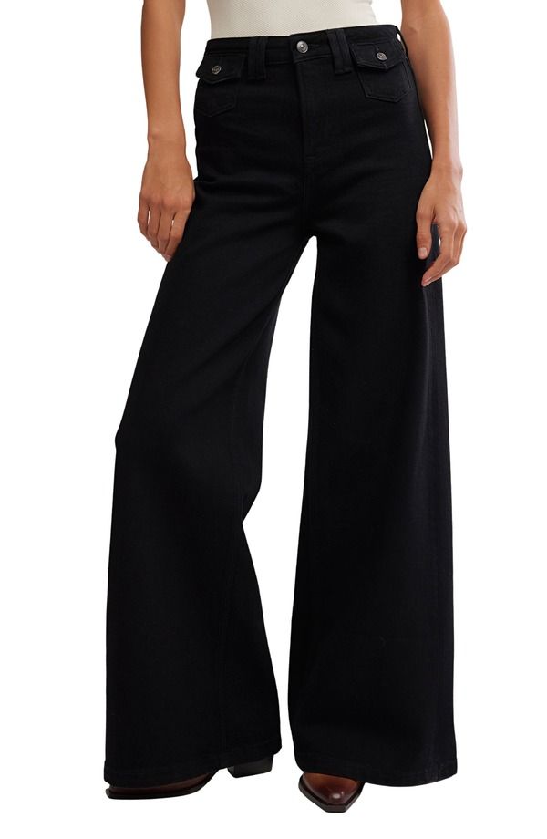 フリーピープル レディース ボトムス デニムパンツ ハイウエスト ジーンズ Free People Kellee High Waistretch Denim Palazzo Jeans Black Eyeliner ブラック