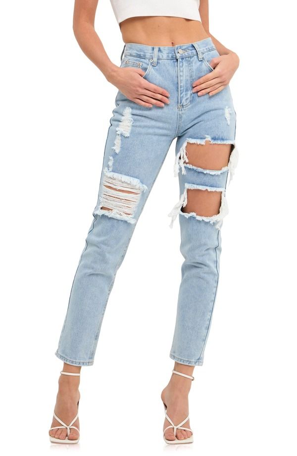 グレー ラブ レディース ボトムス デニムパンツ ストレート カットアウト ハイウエスト ジーンズ Grey Lab Cutout Ripped High Waist Slim Straight Leg Jeans Denim デニム