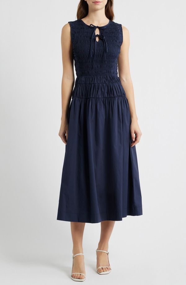 ムーンリバー レディース ボトムス カジュアルパンツ ミディワンピース ミディ MOON RIVER Tie Front Smock Waist Midi Dress Navy ネイビー