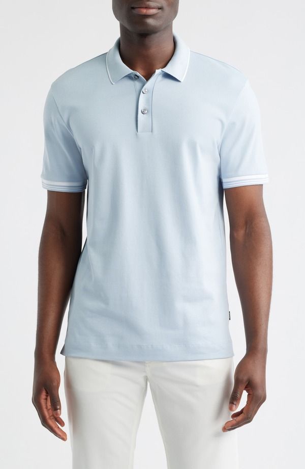 ボス メンズ トップス ポロシャツ コットン BOSS Parlay Tipped Cotton Polo Light Blue ブルー