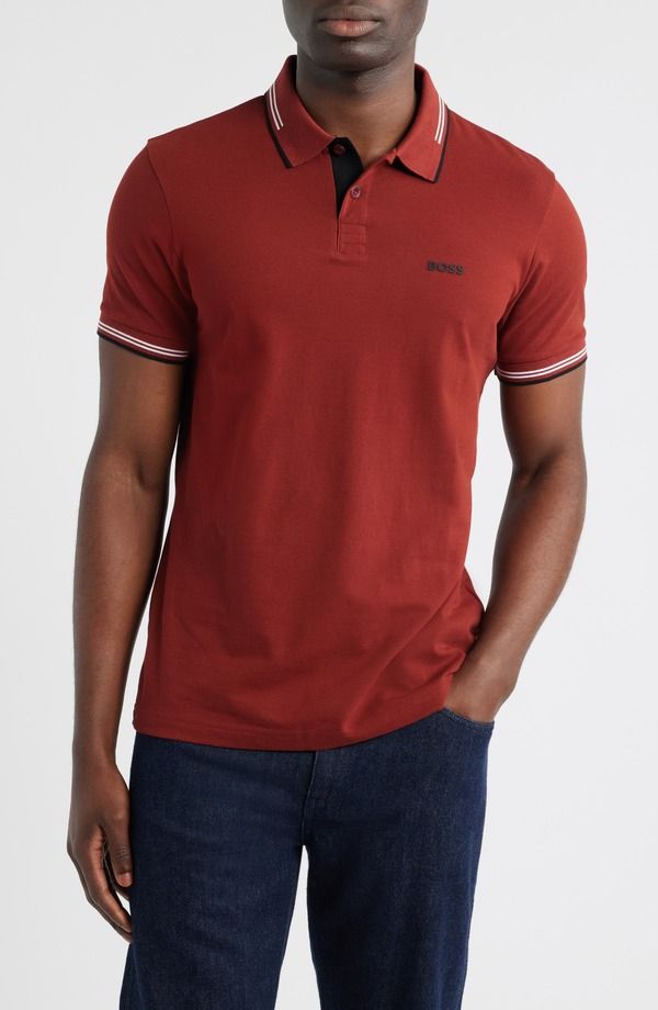 ボス メンズ トップス ポロシャツ コットン BOSS Paul Tipped Stretch Cotton Polo Dark Pink ピンク